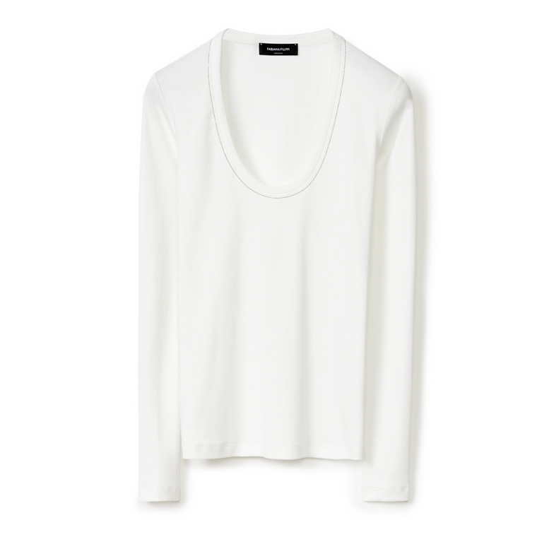 Fabiana Filippi Long Sleeve Scoop Neck Ribbed T-Shirt in White, Size 46