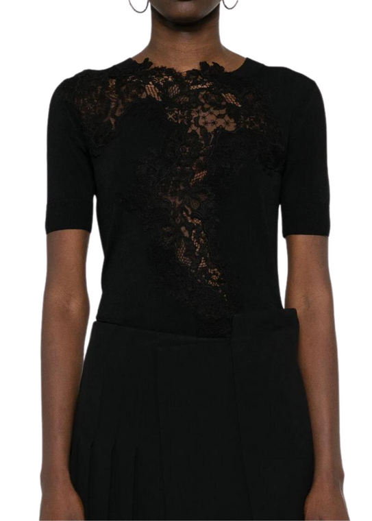 Ermanno Scervino Knit T-Shirt with Lace in Black, Size 40