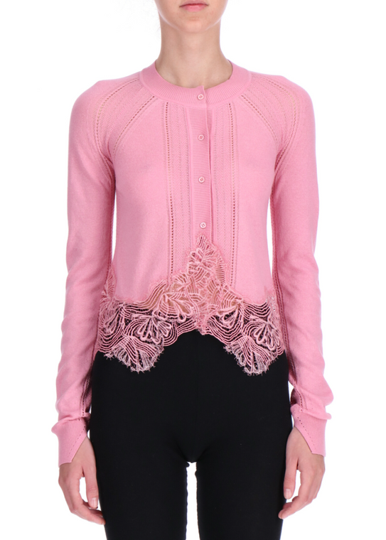 Ermanno Scervino Cotton and Cashmere Cardigan with Lace in Pink, Size Small
