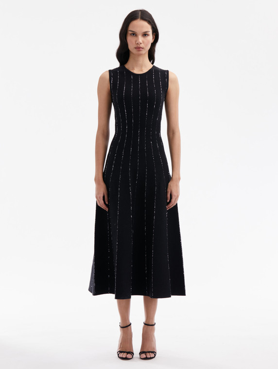 Oscar de la Renta Sequin Embroidered Knit Dress in Black