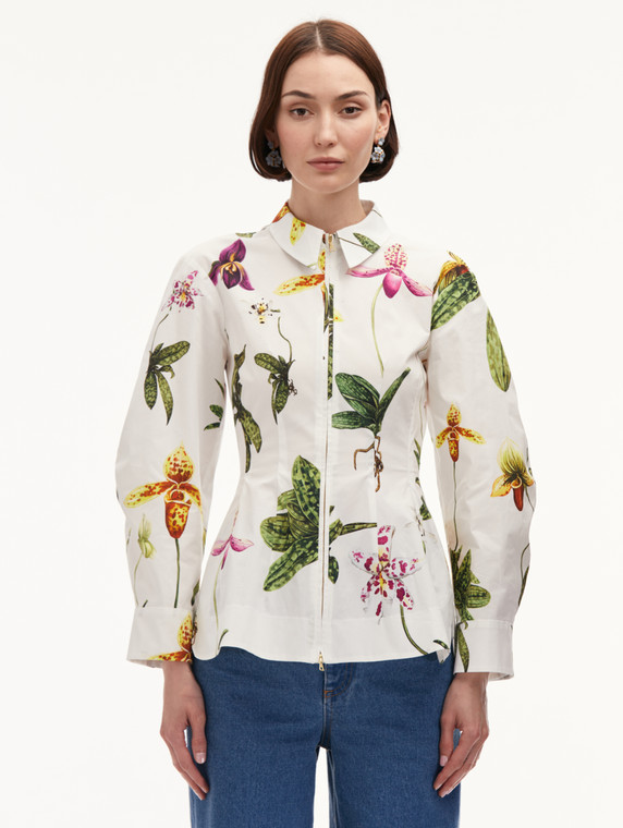 *VIRTUAL TRUNK SHOW* Oscar de la Renta Long Sleeve Zip Front Orchids Cotton Blouse in White Multi