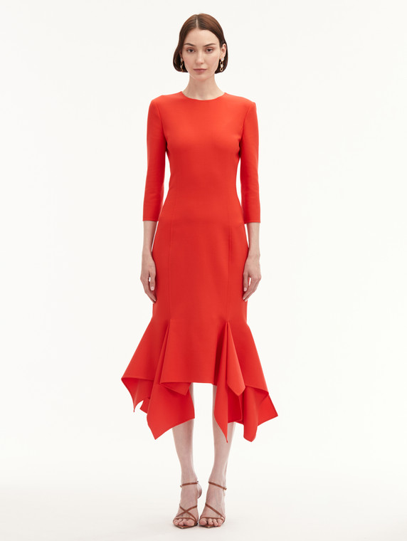 *VIRTUAL TRUNK SHOW* Oscar de la Renta 3/4 Sleeve Draped Skirt Detail Stretch Wool Dress in Vermillion