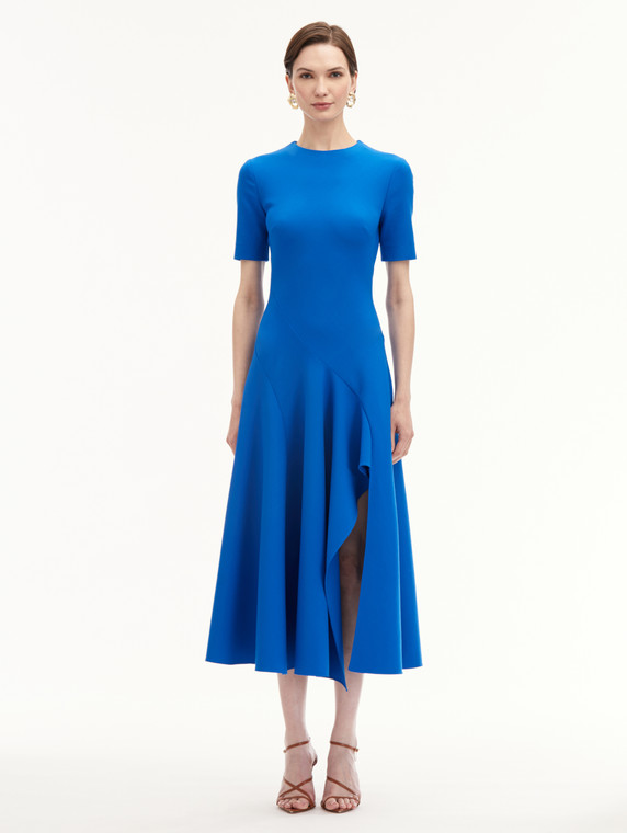 *VIRTUAL TRUNK SHOW* Oscar de la Renta Short Sleeve Wave Detail Stretch Wool Dress in Lapis