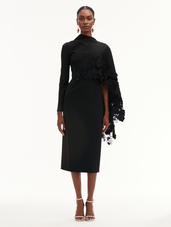 *VIRTUAL TRUNK SHOW* Oscar de la Renta One Shoudlder Guipure Orchid Drape Dress in Black