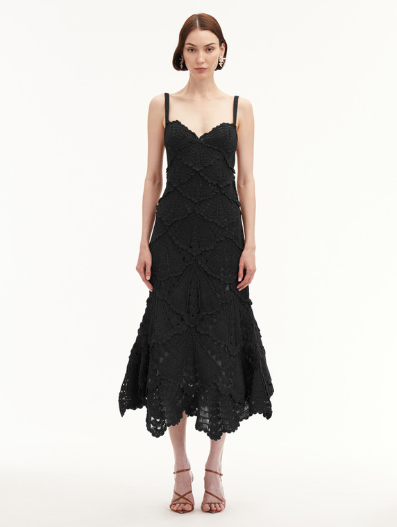 *VIRTUAL TRUNK SHOW* Oscar de la Renta Sweetheart Shell Crochet Flared Knit Dress in Black