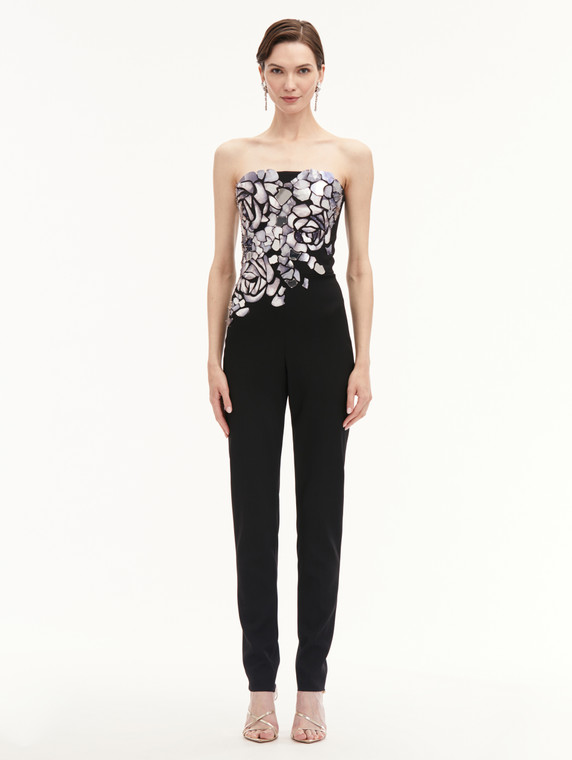 *VIRTUAL TRUNK SHOW* Oscar de la Renta Strapless Floral Mosaic Embroidered Stretch Wool Jumpsuit in Black