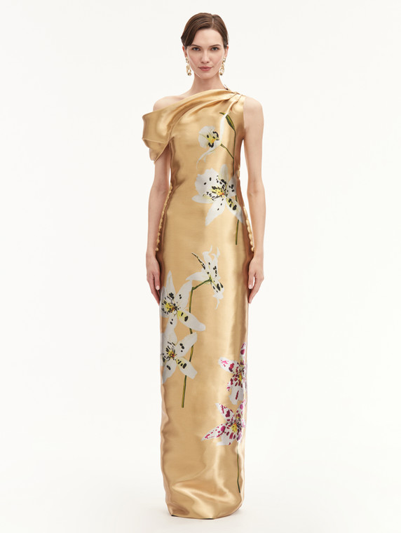 *VIRTUAL TRUNK SHOW* Oscar de la Renta Sleeveless Draped Metal Orchids Column Gown in Gold Multi