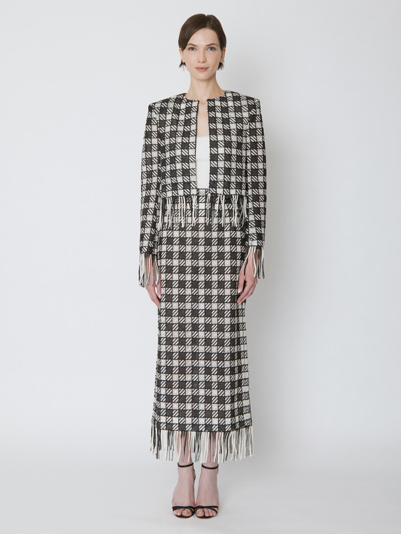 *VIRTUAL TRUNK SHOW* Oscar de la Renta Checkered Fringe Guipure Pencil Skirt in Ecru/Black