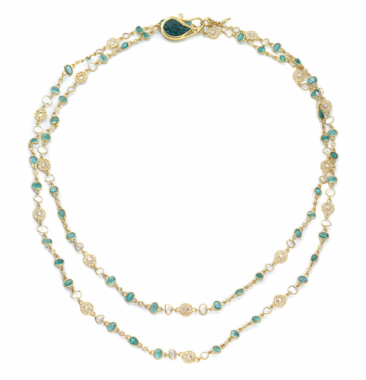 *VIRTUAL JEWELRY TRUNK SHOW* COOMI 20K Yellow Gold Affinity Carved Emerald and Diamond Necklace, 48"