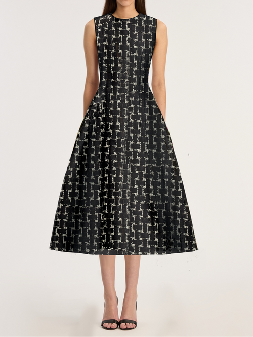 Oscar de la Renta Sleeveless Frayed Denim Jacquard A Line Dress