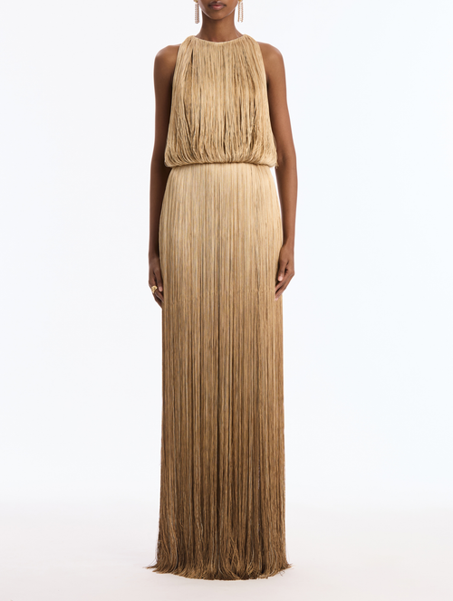 Oscar de la Renta Sleeveless Ombre Silk Fringe Gown