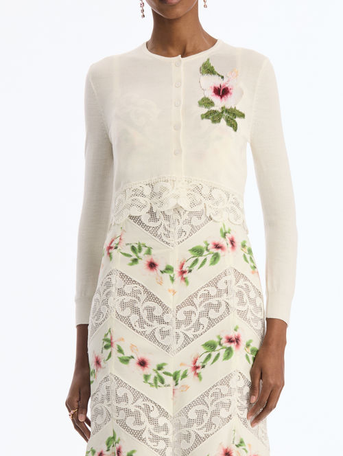 Oscar de la Renta Hibiscus Chine Threadwork Cardigan