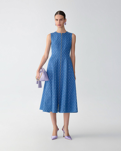 carolina herrera off shoulder denim dress Carolina Herrera Polka Dot Denim A-Line Midi Dress in Light Blue