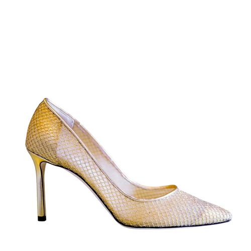 Jimmy Choo Romy 85 Patent Mesh Pumps in Gold