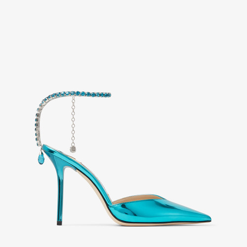 Jimmy Choo Saeda 100 Liquid Metal Leather Pumps with Crystal