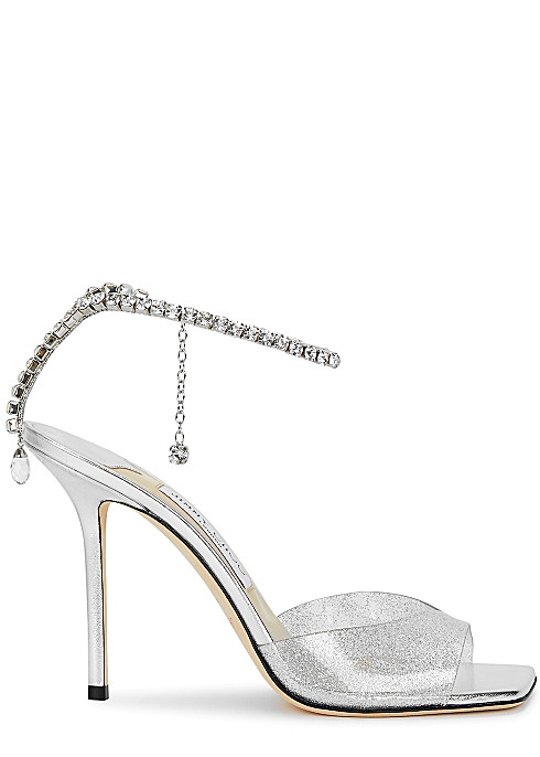 Jimmy Choo Saeda 100 Glitter Plexi Sandals with Crystal