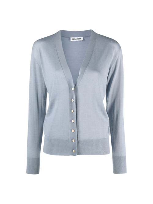 JIL SANDER ジルサンダー シルク混Vネックカーディガン 44 Jil Sander Boyfriend Fit Cardigan in Light Pastel Blue
