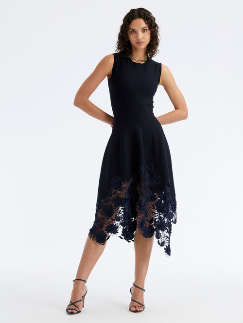 Oscar de la Renta Hand Crocheted Halter Lace Inset Dress in Navy