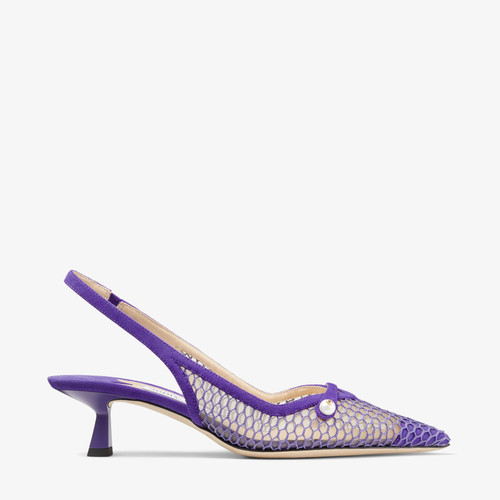 Jimmy Choo Amita 45 Fishnet and Mesh Slingback Pumps in Purple