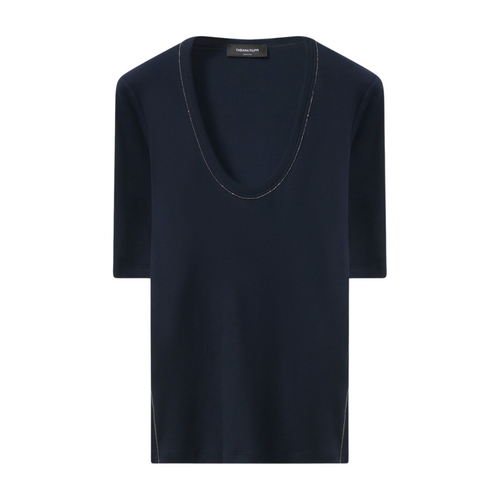 Fabiana Filippi Elbow Sleeve Scoop Neck Ribbed T-Shirt in Midnight