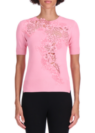 Ermanno Scervino Knit T-Shirt with Lace in Pink, Size 40