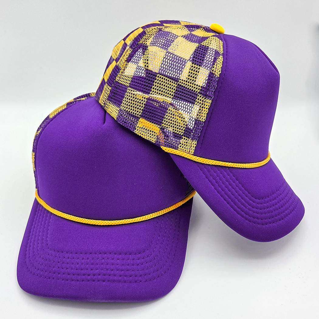 帽子 PILE TRUCKER HAT - Purple Purple & Gold Checkered Foam Trucker Hat | Wholesale Blank Hats