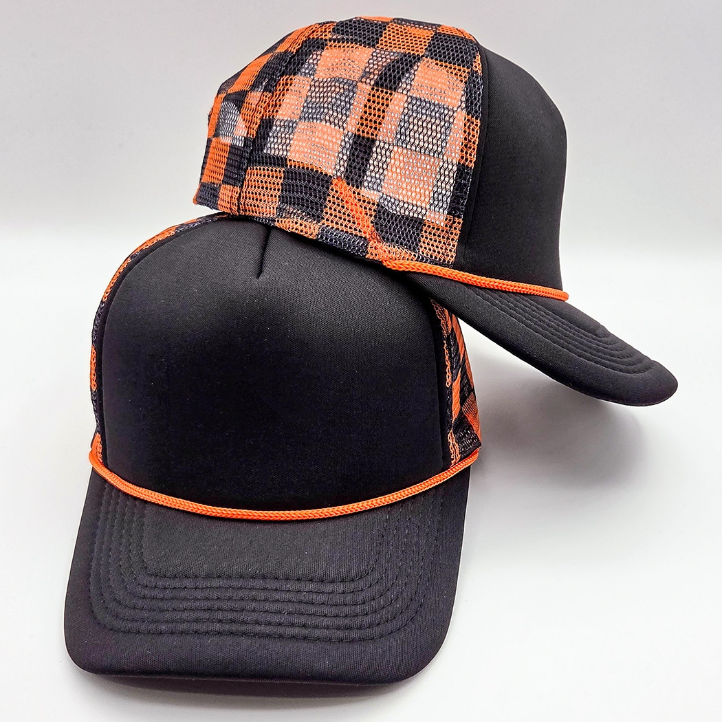 Black and Orange Checkered Trucker Hat | Black & Orange Cap display picture 1