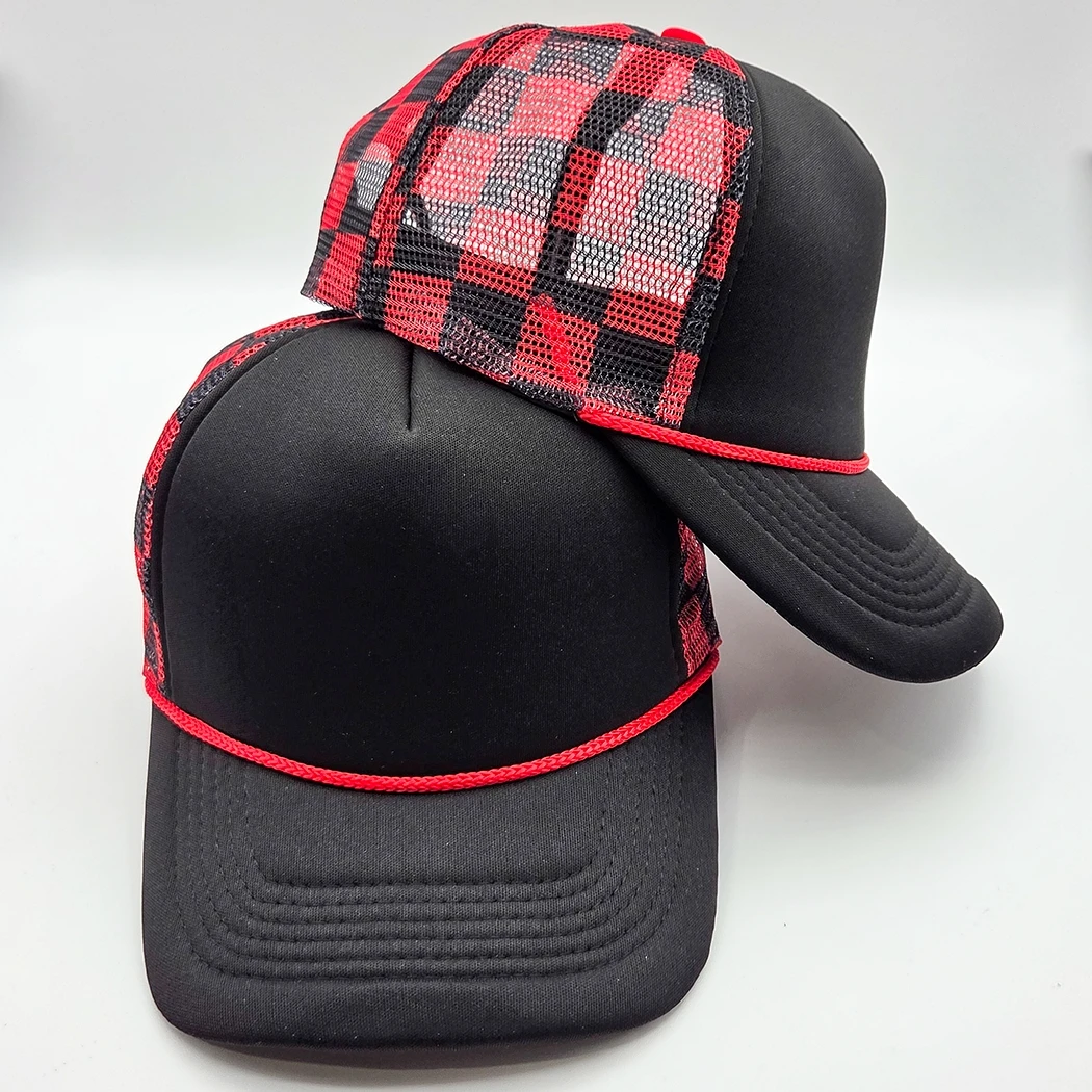 Black and Red Checkered Trucker Blank Hat | Black & Red Cap display picture 1
