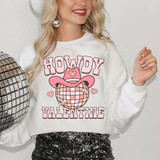 Howdy Valentine DTF Heat Transfer, pink glitter disco ball with cowboy hat graphic and text on a white sweatshirt