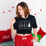 It's Never Too Early For Christmas WHITE DTF Heat Transfer, woman wearing black t-shirt with Christmas trees design.
