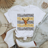 Yellowstone Stacked DTF Heat Transfer, graphic design with the word 'Yellowstone' in yellow and black leopard print, featuring a bull skull illustration in the center on a white T-shirt.