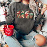 Christmas Coffees Screen Print Heat Transfer, festive holiday-themed design featuring colorful coffee cups with Christmas decorations on a person's gray sweatshirt.