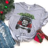 Christmas Jeep DTF Heat Transfer, gray T-shirt with a holiday-themed illustration of a Jeep with a Christmas tree in the back and 