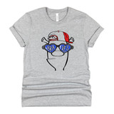 Braves Mascot DTF Heat Transfer, gray t-shirt with cartoon mascot wearing sunglasses with 'BRAVES' written on the lenses and a red cap, casual sportswear design.