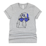 Colts Mascot DTF Heat Transfer, graphic of a horse wearing sunglasses and a cap with the word 'COLTS' on the lenses, on a gray T-shirt.