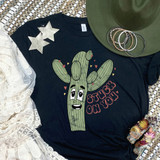 Stuck On You DTF Heat Transfer, cartoon cactus on a black T-shirt with the words 'Struggle On You' and colorful small hearts.