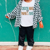 Chicken Nugs and Mama's Hugs DTF Heat Transfer, a child's white t-shirt featuring colorful text design.