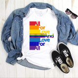 Rainbow Pride All For Love and Love For All Sublimation Transfer, colorful rainbow-themed design on a white T-shirt with denim shirt, sneakers, and sunglasses.