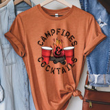 Campfires & Cocktails DTF Heat Transfer, product image of a burnt orange T-shirt with a design featuring fire, logs, and red cups, for outdoor barbecue and cocktail night wear.