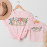 Mama Flowers DTF Heat Transfer, Pink T-shirts with floral Mama Mickey Mouse design.