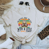I Am Mostly Peace And Love DTF Heat Transfer T-shirt, vintage style graphic with a woman meditating and colorful sunset background.