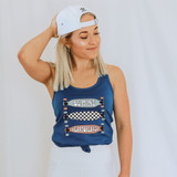 Be Mine Skateboards DTF Heat Transfer, a woman wearing a blue tank top with skateboards graphic and text 'Be Mine' and 'Heartbreaker', in a white baseball cap with the Adidas logo.