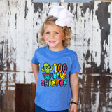 100 Days Sharper Cactus DTF Heat Transfer, colorful and playful graphic design featuring a cactus in a pot with the text '100 Days Sharper' on a young girl wearing a blue t-shirt.