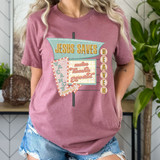 Jesus Saves DTF Heat Transfer, colorful vintage-style design on a pink t-shirt featuring a retro sign and the scripture John 3:16.