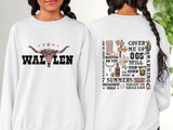 Morgan Bullhead ONLY DTF Heat Transfer, image of a white sweatshirt with a bull skull graphic on the front and various colorful text and graphics on the back.