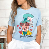 Mad About You DTF Heat Transfer, humorous graphic t-shirt featuring a cartoon character with heart-shaped sunglasses and a coffee cup reading 10%, with the text 'Entirely Bonkers'.