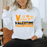 V is For Volunteers DTF Heat Transfer, orange and black text on a white sweatshirt with heart graphics.