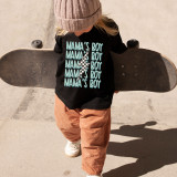 Mama's Boy DTF Heat Transfer, a boy holding a skateboard wearing a black t-shirt with a Mama's Boy graphic design featuring a checkered lightning bolt logo.