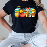 Softball Drinks DTF Heat Transfer, colorful hot and cold drink illustrations on a black T-shirt.