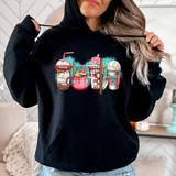 Volleyball Drinks DTF Heat Transfer, colorful graphic design of drinks and game day elements on a black hoodie.